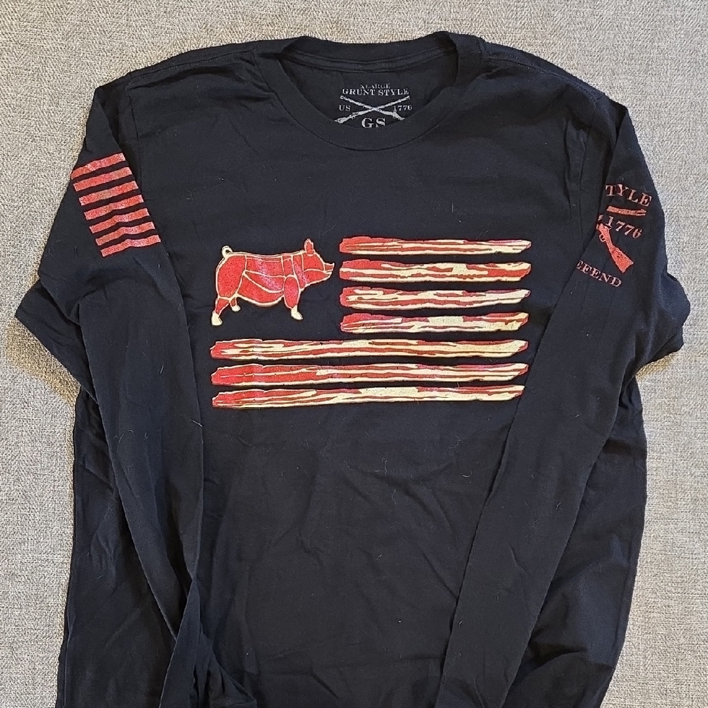 Grunt Style Black Long-Sleeve Bacon Flag Tee with Red Accents